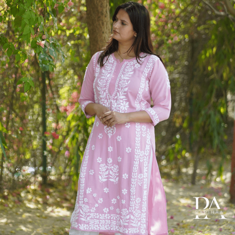 BubbleGum Pink Colored Modal Chikankari Rose Panel Kurti (1 piece) - Image 2