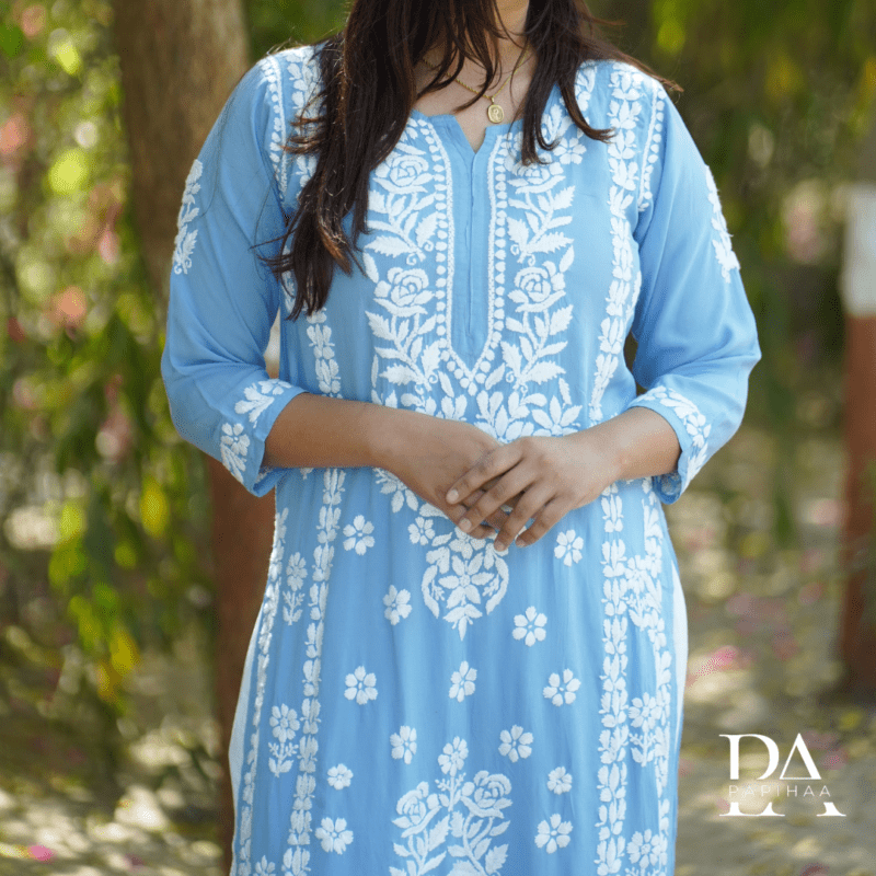 Powder Blue Colored Modal Chikankari Rose Panel Kurti (1 piece) - Image 3