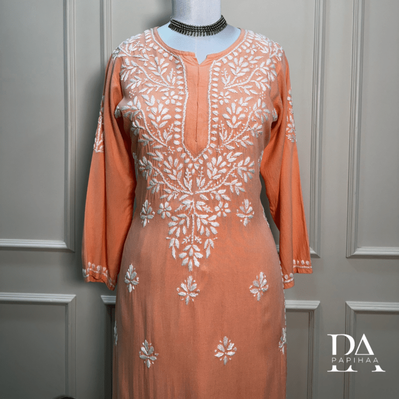 Peach Rayon Hand Work Chikankari Kurti Palazzo Set - Image 2