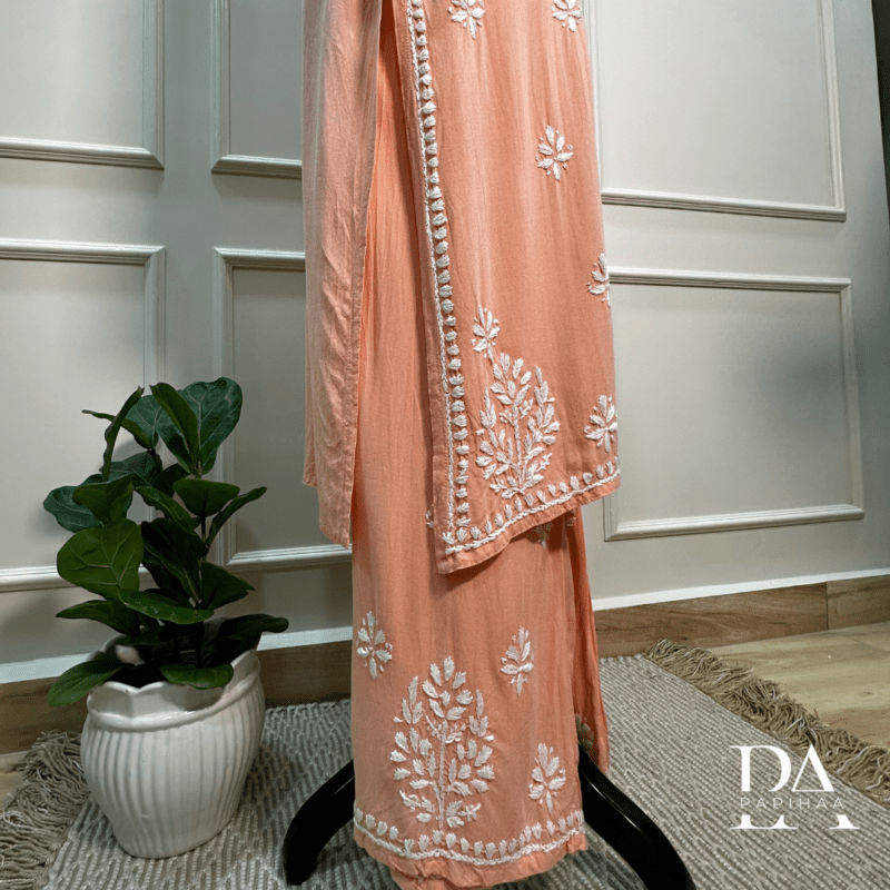 Peach Rayon Hand Work Chikankari Kurti Palazzo Set - Image 4