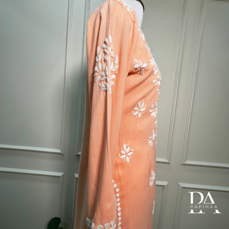 Peach Rayon Hand Work Chikankari Kurti Palazzo Set - Image 5