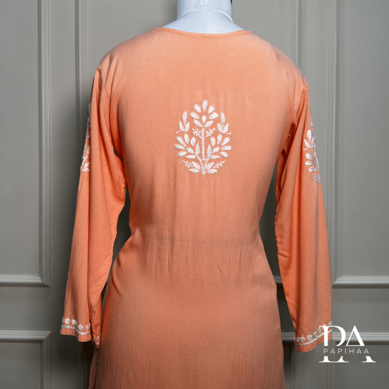 Peach Rayon Hand Work Chikankari Kurti Palazzo Set - Image 6